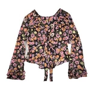 Free People Floral Chiffon Ruffle Tie Front Blouse Long Flared Sleeve M